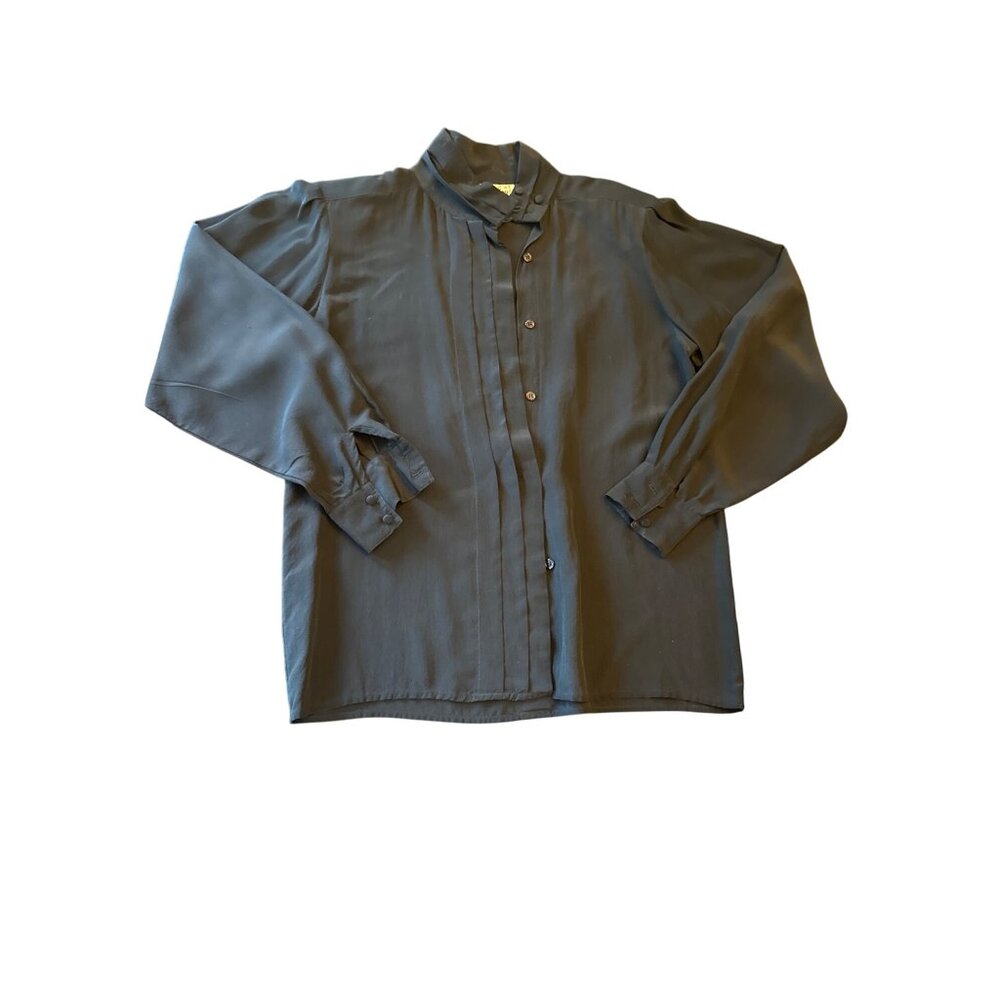 Vintage St. Emilon Womens Black Silk Button-Up Blouse With Pleated Front & High